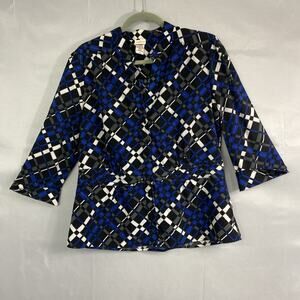 Covington Ladies Top L Black Blue Print 3/4 Pintuck Button Up Tinsel V-Neck